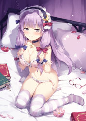 Rule 34 | 1girl, bare arms, bare shoulders, bed, black choker, blue bow, book, bow, bra, breasts, choker, commentary request, crescent, crescent hair ornament, flower, glasses, hair ornament, indoors, long hair, looking at viewer, maid, maid headdress, medium breasts, miyase mahiro, navel, no shoes, panties, patchouli knowledge, petals, pillow, pink bra, pink flower, pink panties, purple eyes, purple hair, purple thighhighs, red bow, seductive smile, shadow, side-tie panties, sitting, smile, solo, stomach, strap slip, striped clothes, striped thighhighs, thighhighs, touhou, underwear, underwear only, untied panties, unworn eyewear, wariza, white thighhighs, wrist cuffs