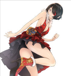 Rule 34 | 1girl, bare arms, bare legs, bare shoulders, bike shorts, black hair, black neckwear, boots, breasts, clenched hand, closed mouth, cross, dress, eyepatch, hand up, high heels, leg up, looking down, noraico, original, red dress, red eyes, red footwear, shiny skin, shoes, short hair, sideboob, simple background, sleeveless, sleeveless dress, small breasts, solo, standing, standing on one leg, swept bangs, unzipped, upskirt, white background, zipper, zipper pull tab