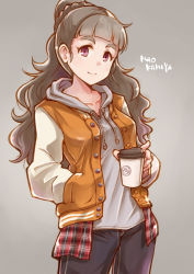 Rule 34 | 1girl, black pants, blunt bangs, brown hair, character name, closed mouth, coffee cup, cup, disposable cup, drawstring, eyebrows, flannel, grey background, grey shirt, hand in pocket, holding, hood, hoodie, idolmaster, idolmaster cinderella girls, jacket, kamiya nao, letterman jacket, long hair, long sleeves, looking at viewer, open clothes, open jacket, orange jacket, pants, plaid, plaid shirt, red eyes, satomura kyou, shirt, simple background, smile, solo