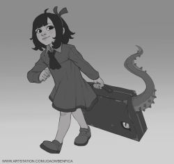 Rule 34 | 1girl, absurdres, ahoge, artist name, ascot, child, closed mouth, copyright request, dress, gradient background, grey background, greyscale, hairband, highres, holding, joaowbenfica, long sleeves, looking at viewer, monochrome, shoes, short hair, solo, suitcase, tentacles, watermark, web address