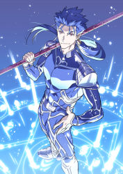 Rule 34 | armor, blue hair, cu chulainn (fate), earrings, fate/stay night, fate (series), full body, gae bolg (fate), highres, jewelry, kon manatsu, cu chulainn (fate/stay night), looking at viewer, magic, magic circle, male focus, pauldrons, polearm, ponytail, red eyes, shoulder armor, spear, standing, weapon