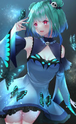 Rule 34 | 1girl, blush, bug, butterfly, dress, earrings, fantasy, green hair, hair ornament, highres, hololive, insect, isana (isn kn), jewelry, looking at viewer, night, open mouth, red eyes, short hair, skull hair ornament, smile, thighhighs, thighs, uruha rushia, uruha rushia (1st costume), virtual youtuber, zettai ryouiki