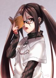 Rule 34 | 1girl, akuta hinako, black-framed eyewear, black sweater, book, breasts, brown eyes, brown hair, command spell, dress, earrings, fate/grand order, fate (series), glasses, holding, holding book, jewelry, long hair, long sleeves, looking at viewer, medium breasts, multiple earrings, open mouth, ribbed sweater, seeds328, sweater, tongue, tongue out, turtleneck, turtleneck sweater, twintails, very long hair, white dress