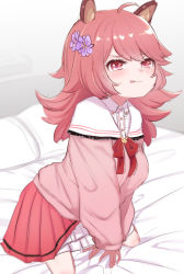 Rule 34 | 1girl, :p, absurdres, ahoge, animal ears, animare, blush, capelet, flower, hair flower, hair ornament, highres, kneeling, long hair, looking at viewer, miniskirt, momono yurari, nanashi inc., neck ribbon, on bed, pink hair, pink shirt, pleated skirt, purple flower, red eyes, red ribbon, red skirt, ribbon, shirt, skirt, smile, solo, tongue, tongue out, utsusumi kio, virtual youtuber, white capelet