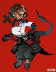 Rule 34 | 1girl, artist name, ascot, au ra, bandaid, bandaid on head, black gloves, black pants, breasts, brown hair, cropped legs, final fantasy, final fantasy xiv, glasses, gloves, highres, horns, looking at viewer, medium breasts, monster girl, orange eyes, orihira, pants, red ascot, red background, shirt, short hair, simple background, solo, tail, white shirt