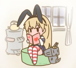 Rule 34 | animal ears, blush, curse (023), curtains, dated, headband, heart, heater, kantai collection, letter, long hair, long sleeves, postcard, pot, rabbit ears, rensouhou-chan, shimakaze (kancolle), sitting, skirt, striped clothes, striped legwear, striped thighhighs, thighhighs, uniform, window
