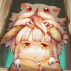 Rule 34 | 2others, animal ears, artist name, brown eyes, brown fur, drooling, furry, grey hair, made in abyss, medium hair, mitty (made in abyss), multiple others, nanachi (made in abyss), on head, on person, other focus, parted lips, saliva, sidelocks, tongue, tongue out, toro astro, triangle mouth, upper body, whiskers