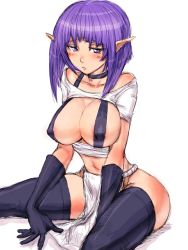 Rule 34 | 1girl, :&lt;, blush, breasts, cleavage, covered erect nipples, curvy, elbow gloves, fumio (rsqkr), fundoshi, gloves, japanese clothes, large breasts, loincloth, navel, nipples, pointy ears, purple eyes, purple hair, short hair, sketch, solo, thighhighs