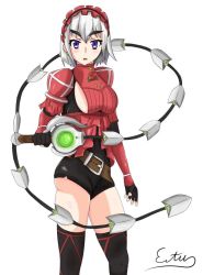 Rule 34 | 1girl, belt, black gloves, breasts, chaika bogdan, earrings, flower, gloves, hairband, hitsugi no chaika, jewelry, legs, lolita hairband, looking at viewer, purple eyes, rose, serious, short hair, shorts, silver hair, solo, sword, thighhighs, thighs, tomboy, weapon, whip sword