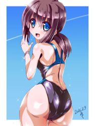Rule 34 | 10s, 1girl, :d, artist name, ass, back, blue eyes, blue sky, blush, brown hair, competition swimsuit, contrail, dated, eyebrows, from behind, fubuki (kancolle), hair between eyes, hair over shoulder, hands up, kantai collection, long hair, looking at viewer, looking back, miuku (marine sapphire), one-piece swimsuit, open mouth, ponytail, shiny clothes, shiny skin, shoulder blades, sidelocks, skin tight, sky, smile, solo, standing, swimsuit, thigh gap, water drop, wet, wristband
