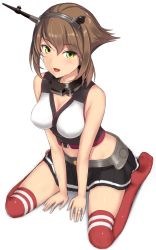 Rule 34 | 10s, 1girl, between legs, black skirt, blush, breasts, brown hair, cleavage, flipped hair, full body, green eyes, hand between legs, headgear, jewelry, kantai collection, kneehighs, looking at viewer, medium breasts, metal belt, monoku, mutsu (kancolle), navel, open mouth, pleated skirt, red socks, ring, shadow, shoes, short hair, simple background, sitting, skindentation, skirt, socks, solo, striped clothes, striped skirt, unworn shoes, wariza, wedding band, white background