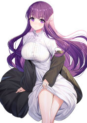 Rule 34 | 1girl, black coat, breasts, bright pupils, closed mouth, coat, dress, fern (sousou no frieren), highres, large breasts, long sleeves, looking at viewer, purple eyes, purple hair, ririko (zhuoyandesailaer), simple background, sitting, solo, sousou no frieren, thighs, white background, white dress, white pupils