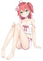 Rule 34 | 1girl, absurdres, ahoge, alternate costume, blush, breasts, cherry blossom print, cherry blossoms, cleavage, closed mouth, collarbone, feet, floral print, flower, fuji noyume, full body, green eyes, hair flower, hair ornament, hairclip, highres, hololive, knees, legs, looking at viewer, medium breasts, medium hair, nail polish, one side up, pink hair, pink nails, sakura miko, shorts, simple background, sitting, smile, solo, strap slip, thighs, virtual youtuber, white background