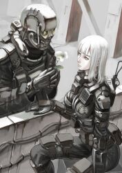 Rule 34 | 1boy, 1girl, ammunition pouch, android, armor, black bodysuit, bodysuit, breasts, closed mouth, commentary request, flower, highres, holding, holding flower, jittsu, looking at another, mechanical arms, mechanical parts, medium breasts, medium hair, original, pouch, science fiction, sitting, stitches, white flower, white hair, yellow eyes