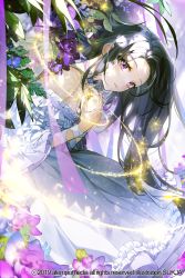 Rule 34 | 1girl, bare shoulders, black hair, company name, copyright request, dated, dress, flower, frilled dress, frills, highres, long hair, looking at viewer, official art, purple eyes, solo, standing, sukja, very long hair, white dress