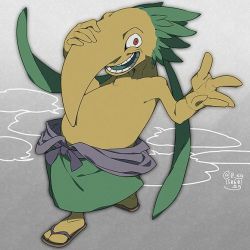 Rule 34 | 10s, artist name, colored skin, dated, full body, gradient background, green hair, long hair, long nose, looking at viewer, nagabana, no humans, open mouth, sandals, sg (suuchan), solo, standing, traditional youkai, twitter username, yellow skin, youkai watch