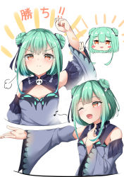 Rule 34 | &gt;:), 1girl, :d, ;d, absurdres, arm up, black bow, blue dress, blue sleeves, blush, blush stickers, bow, breasts, brown eyes, chibi, chibi inset, closed mouth, detached sleeves, double bun, dress, eighth note, green hair, hair between eyes, hair bow, hair bun, hair ornament, hand up, highres, hololive, long sleeves, moyoron, multiple views, music, musical note, one eye closed, open mouth, outstretched arm, simple background, singing, skull hair ornament, sleeveless, sleeveless dress, small breasts, smile, translated, uruha rushia, uruha rushia (1st costume), v, v-shaped eyebrows, virtual youtuber, white background, wide sleeves