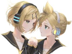Rule 34 | 2boys, aqua eyes, black collar, black sleeves, blonde hair, collar, collarbone, commentary, cropped shoulders, dual persona, green eyes, hair ornament, hairclip, headphones, holding hands, interlocked fingers, kagamine len, kagamine len (if), looking at another, male focus, multiple boys, nail polish, naoko (naonocoto), necktie, sailor collar, short ponytail, spiked hair, swept bangs, treble clef, upper body, vocaloid, white background, yellow nails, yellow neckwear