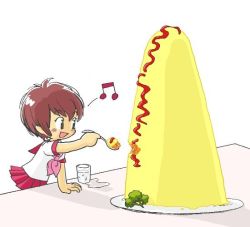 Rule 34 | 1girl, beamed quavers, cup, food, food focus, happy, holding, holding spoon, kabiinyo (kab), musical note, omelet, omurice, original, oversized food, oversized object, school uniform, short hair, simple background, solo, spoken musical note, spoon, table, vegetable, water