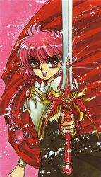 Rule 34 | 1990s (style), 1girl, armor, armored dress, braid, cape, clamp, dress, long hair, magic knight rayearth, official art, pink background, red eyes, red hair, red theme, retro artstyle, scan, school uniform, serious, shidou hikaru, solo, sword, weapon