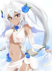 Rule 34 | 1girl, azur lane, blue flower, blue rose, blush, bodypaint, breasts, bridal gauntlets, closed mouth, commentary request, contrapposto, cowboy shot, crop top, crossed bangs, curtsey, dark-skinned female, dark skin, dress, expressionless, facepaint, flower, hair between eyes, high ponytail, houshi, long hair, looking at viewer, medium breasts, midriff, minneapolis (azur lane), minneapolis (trapper white) (azur lane), navel, official alternate costume, red eyes, rose, skirt, solo, underboob, very long hair, wedding dress, white bridal gauntlets, white hair, white skirt