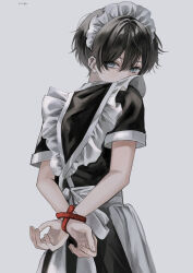 Rule 34 | 1boy, absurdres, arms behind back, black hair, blue eyes, bound, crossdressing, ear piercing, earrings, highres, jewelry, looking at viewer, looking back, maid, maid headdress, male focus, male maid, original, piercing, restrained, rope, short hair, signature, simple background, solo, sosaku 25, tagme, tied up (nonsexual)