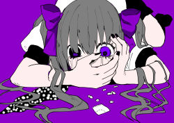 Rule 34 | 1girl, all fours, black eyes, black nails, black skirt, covering own mouth, crying, crying with eyes open, drugs, female focus, flat color, grey hair, hair between eyes, hair ribbon, hand on own face, hata-tan (rui (hershe)), heterochromia, himekaidou hatate, long hair, nail polish, pill, purple background, purple eyes, purple ribbon, ribbon, shiori (moechin), shirt, short sleeves, simple background, skirt, solo, tears, touhou, twintails, white shirt