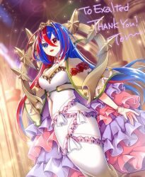 Rule 34 | 1girl, alear (female) (fire emblem), alear (fire emblem), alternate costume, blue eyes, blue hair, breasts, capelet, commentary request, commission, cosplay, crossed bangs, dress, english text, fire emblem, fire emblem engage, frilled dress, frills, hair between eyes, heterochromia, highres, jewelry, looking away, lumera (fire emblem), lumera (fire emblem) (cosplay), medium breasts, multicolored hair, nintendo, open mouth, red eyes, red hair, skeb commission, skyscope, smile, solo, split-color hair, tiara, two-tone hair, white dress, yellow capelet