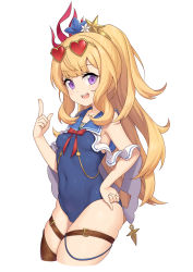 Rule 34 | 1girl, blonde hair, blue eyes, blue one-piece swimsuit, blunt bangs, breasts, brown thighhighs, cagliostro (granblue fantasy), cagliostro (summer) (granblue fantasy), cameltoe, cat-quest-sun, covered erect nipples, covered navel, eyewear on head, female focus, granblue fantasy, hand on own hip, highres, index finger raised, long hair, looking at viewer, one-piece swimsuit, open mouth, ponytail, simple background, single thighhigh, small breasts, smile, solo, sunglasses, swimsuit, thigh strap, thighhighs, thighs