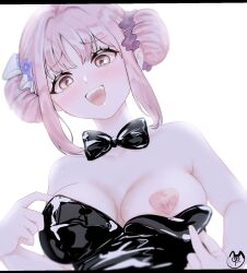 Rule 34 | 1girl, areola slip, artist logo, bare arms, bare shoulders, black bow, black bowtie, black leotard, blue archive, blush, bow, bowtie, breasts, collarbone, commentary request, covered erect nipples, double bun, eyelashes, flower, frilled ribbon, frills, from below, hair bun, hair flower, hair intakes, hair ornament, hair ribbon, hair scrunchie, heart pasties, highres, large breasts, leotard, leotard lift, lifted by self, looking at viewer, mika (blue archive), one breast out, open mouth, parted bangs, pasties, pink hair, pink scrunchie, playboy bunny, purple flower, ribbon, scrunchie, simple background, smile, solo, strapless, strapless leotard, sweat, tape, tape on nipples, teeth, tongue, tounooji (akiomeromisa), upper body, upper teeth only, white background, white ribbon, yellow eyes
