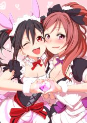 Rule 34 | 10s, 2girls, ;d, black hair, blush, bow, breasts, cheek-to-cheek, clearite, cleavage, hair bow, heads together, heart, heart hands, heart hands duo, highres, long hair, love live!, love live! school idol festival, love live! school idol project, maid, maid headdress, medium breasts, multiple girls, nishikino maki, one eye closed, open mouth, pink background, pink eyes, red eyes, red hair, small breasts, smile, twintails, wink, yazawa nico