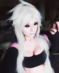Rule 34 | android 21, black nails, black sclera, breasts, cleavage, colored sclera, colored skin, cosplay, dragon ball, dragon ball fighterz, majin android 21, nail polish, photo (medium), pink skin, white hair