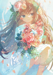Rule 34 | 1girl, blue eyes, bouquet, brown hair, closed mouth, commentary request, dress, falling petals, feet out of frame, flower, hair flower, hair ornament, highres, holding, holding bouquet, leaf, long hair, looking at viewer, original, petals, pink flower, potg (piotegu), short sleeves, signature, smile, solo, white dress, white flower