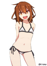Rule 34 | 1girl, 4690 (tkpbsk), arms behind back, bikini, brown hair, commentary, fang, flat chest, hair between eyes, hair ornament, hairclip, ikazuchi (kancolle), kantai collection, looking at viewer, open mouth, orange eyes, short hair, side-tie bikini bottom, solo, swimsuit, symbol-only commentary, twitter username, white bikini