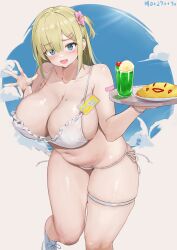 Rule 34 | 1girl, :d, aymusk, bikini, blonde hair, blue eyes, blue sky, blush, breasts, character name, cleavage, cloud, collarbone, commentary request, curvy, fang, food, freckles, freckles-chan (aymusk), highres, holding, holding tray, ice cream, ice cream float, large breasts, looking at viewer, mole, mole on breast, name tag, navel, omelet, omurice, open mouth, original, plump, side-tie bikini bottom, sky, smile, solo, stomach, swimsuit, thick thighs, thighs, tray, white bikini, white footwear