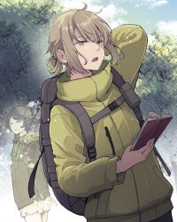 Rule 34 | 1boy, 1girl, arm behind head, backpack, bag, blue sky, book, brown hair, closed mouth, cloud, commentary request, elan ceres, forest, fur-trimmed jacket, fur trim, ghost, green eyes, green hair, green jacket, gundam, gundam suisei no majo, high collar, highres, holding, holding book, jacket, long sleeves, male focus, nature, norea du noc, open mouth, outdoors, short ponytail, shorts, sidelocks, sky, smile, sunohara (marble0131), tree, v-shaped eyebrows, white shorts, winter clothes