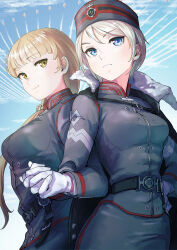 Rule 34 | 2girls, aircraft, alister agrew, arakan, belt, black belt, blonde hair, blue hair, blue sky, breasts, cloud, contrail, day, eyelashes, gloves, grey hair, grey jacket, grey skirt, hand on own hip, hat, highres, holding hands, interlocked fingers, jacket, last exile, last exile: gin&#039;yoku no fam, locked arms, long hair, long sleeves, looking at viewer, medium breasts, military, military hat, military uniform, multiple girls, outdoors, short hair, skirt, sky, smile, swept bangs, tatiana wisla, tight clothes, uniform, upper body, white gloves, yellow eyes