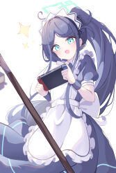 Rule 34 | 1girl, absurdly long hair, absurdres, apron, aris (blue archive), aris (maid) (blue archive), black dress, black hair, blue archive, blue eyes, blush, dress, frilled apron, frills, green halo, halo, handheld game console, highres, holding, holding handheld game console, long hair, maid, maid headdress, nintendo switch, official alternate costume, open mouth, puffy short sleeves, puffy sleeves, short sleeves, simple background, sisong, smile, solo, very long hair, white apron, white background