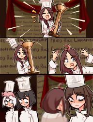 Rule 34 | 4girls, 4koma, :d, absurdres, bags under eyes, brown hair, centurii-chan (artist), chef, chef hat, comic, d:, english text, food, fried rice, hat, highres, meme, multiple girls, open mouth, original, panicking, ratatouille, shrimp, shrimp fried this rice (meme), smile, trophy, white hair