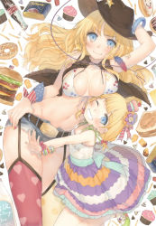 Rule 34 | &gt;:), 10s, 2girls, absurdres, american flag, arm up, asymmetrical legwear, bangle, bare shoulders, bekki natsumi, belt, bikini, bikini top only, blonde hair, blue eyes, blush, bracelet, breast press, breasts, burger, chocolate, clothes writing, coca-cola, cowboy hat, cowboy western, cupcake, cutoffs, denim, denim shorts, doughnut, dress, earrings, feathers, female focus, fingernails, flag print, flat chest, flower, food, freckles, french fries, fringe trim, front-tie top, garter straps, grin, hair flower, hair ornament, hat, heart, heart print, hershey&#039;s, hershey&#039;s kisses, highres, hug, jane natalie hansen iii, jewelry, kippu, large breasts, legs, long hair, looking at viewer, midriff, milk, mismatched legwear, multicolored nails, multiple girls, nail polish, navel, no-rin, official art, one eye closed, open clothes, open fly, open vest, outstretched arm, patterned legwear, pink legwear, polka dot, polka dot legwear, print legwear, ribbon, sandwich, sheriff badge, short shorts, shorts, simple background, smile, soda, spam (food), standing, star (symbol), star print, swimsuit, thighhighs, thighs, unzipped, v-shaped eyebrows, vest, wavy mouth, white background, wink, wrist ribbon