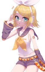 Rule 34 | 1girl, belt, blonde hair, blue eyes, blush, bow, cowboy shot, crop top, detached sleeves, glowing, groin, hair bow, hair ornament, hairclip, hand up, headphones, headset, highres, kagamine rin, long sleeves, looking at viewer, midriff, musical note, nail polish, neckerchief, nnc225, open mouth, sailor collar, shirt, short hair, short shorts, shorts, sleeveless, sleeveless shirt, solo, treble clef, vocaloid