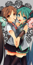 Rule 34 | 2girls, aqua eyes, aqua hair, breast press, breasts, brown eyes, brown hair, butterfly hair ornament, butterfly wings, commentary, detached sleeves, dual persona, hair ornament, hatsune miku, headphones, headset, highres, insect wings, long hair, magnet (vocaloid), mao yu, multiple girls, necktie, open mouth, skirt, smile, symmetrical docking, symmetrical hand pose, thighhighs, twintails, very long hair, vocaloid, wings, zettai ryouiki