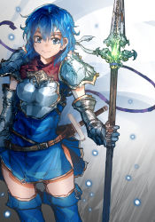 Rule 34 | 1girl, advarcher, armor, blue eyes, blue hair, breastplate, catria (fire emblem), cowboy shot, fire emblem, fire emblem: mystery of the emblem, fire emblem: new mystery of the emblem, fire emblem: shadow dragon, fire emblem: shadow dragon and the blade of light, gloves, headband, highres, holding, holding polearm, holding spear, holding weapon, looking at viewer, nintendo, pauldrons, polearm, shoulder armor, skirt, smile, solo, spear, sword, thighhighs, weapon