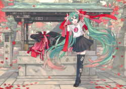 Rule 34 | 1girl, arms up, black footwear, black skirt, black thighhighs, bull, falling leaves, hair ribbon, hatsune miku, high heels, highres, horns pose, index fingers raised, ixima, large ribbon, layered sleeves, leaf, leaning forward, long hair, looking at viewer, maple leaf, ofuda, ofuda on clothes, open mouth, outdoors, petals, pillar, red ribbon, ribbon, shirt, shrine, skirt, smile, solo, standing, statue, stone floor, striped sleeves, t-shirt, thighhighs, translation request, tree, twintails, very long hair, vocaloid, wide shot, zettai ryouiki
