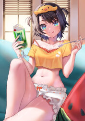 Rule 34 | 1girl, aqua eyes, arenoyoni, bloomers, brown hair, crop top, food, food on face, highres, hololive, ice cream, ice cream float, ice cream spoon, licking lips, looking at viewer, midriff, navel, oozora subaru, oozora subaru (loungewear), short hair, sitting, solo, spoon, strap slip, thighs, tongue, tongue out, two side up, underwear, virtual youtuber