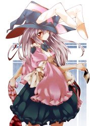 Rule 34 | 1girl, animal ears, black hat, blush, bow, dress, hat, highres, irisu kyouko, irisu shoukougun!, long hair, long sleeves, looking at viewer, looking back, photo (object), rabbit ears, red eyes, shigurio, silver hair, simple background, solo, third-party edit, white background, wide sleeves, witch hat