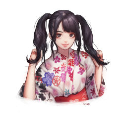 Rule 34 | 1girl, artist name, black hair, character request, check copyright, commentary, copyright request, cropped torso, english commentary, eyelashes, eyeshadow, floral print, grey eyes, twirling hair, hand in own hair, highres, japanese clothes, kimono, lips, long hair, looking at viewer, makeup, mascara, obi, ony saputra, parted lips, print kimono, real life, red eyeshadow, red sash, sash, short sleeves, sidelocks, simple background, smile, solo, swept bangs, twintails, upper body, white background, white kimono, yukata