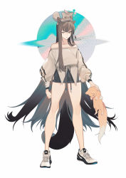 Rule 34 | 1girl, absurdres, animal, animal ears, animal on head, bad id, bad pixiv id, bare legs, black shorts, brown eyes, brown hair, collarbone, commentary request, fox, full body, highres, holding, holding animal, jacket, long hair, long sleeves, looking at viewer, off-shoulder jacket, off shoulder, on head, one eye closed, original, parted lips, planet, shachi (d09 0rca), shoes, shorts, sneakers, solo, standing, tail, tanuki, very long hair, white background, white footwear, white jacket