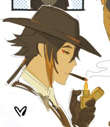 Rule 34 | cigarette, cowboy hat, eyeliner, genshin impact, hat, heart, lighter, looking to the side, red eyeliner, side profile, smoke, um nyarawr(artist), zhongli (genshin impact)