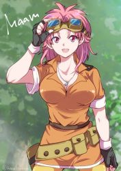Rule 34 | 1girl, breasts, cleavage, dragon quest, dragon quest dai no daibouken, dress, fingerless gloves, gloves, goggles, goggles on head, jewelry, looking at viewer, maam, matsubara kanabun, necklace, open mouth, pink hair, short hair, smile, solo, square enix